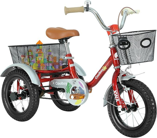 Kids Tricycle with Safety Features, Wide Anti-Skid Tires, Storage Basket, Soft Cushion Seat, Red