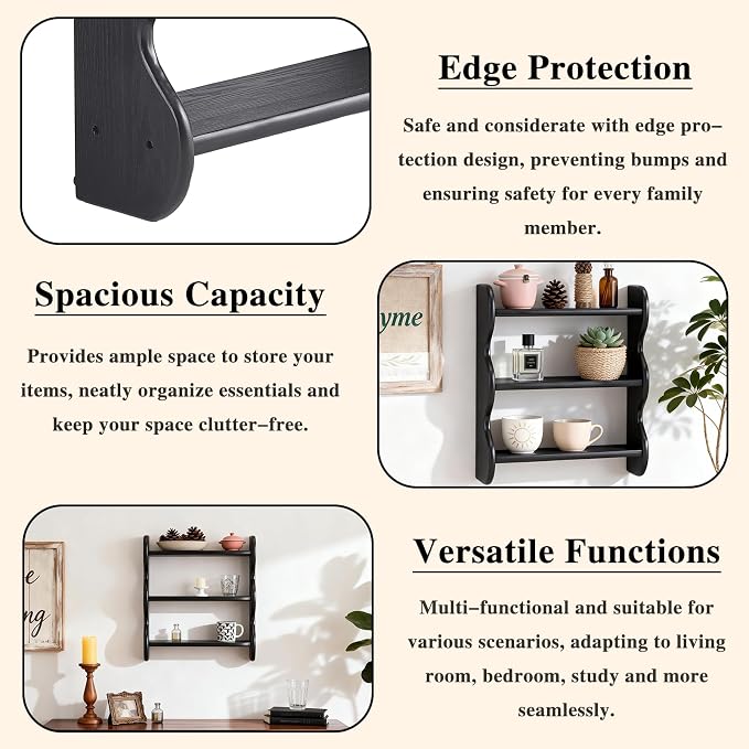 100% Solid Wood Floating Shelf, Vintage Wall Shelves Wall Mounted Storage Rack 3-Tier, Farmhouse Decor Hanging Shelf Display Shelves for Apartment, Living Room and Bedroom