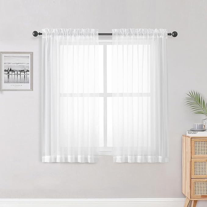 OWENIE Sheer White Curtains 84 Inch Length 2 Panels Set for Living Room Bedroom, Rod Pocket Voile Sheer Panel Drapes, White, 2pcs, Each 42" W x 48" L