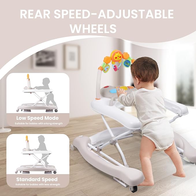 Baby Walker, 5 in 1 Baby Walkers for Boys Girls 6-12 Months, Foldable Walkers for Babies with Bouncer & Feeding Tray, Music, Adjustable Heights, Activity Walker for Infant