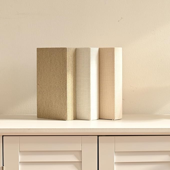DECOR4SEASON Modern Linen and Wood Decorative Faux Book Boxes Set of 3, 12",Taupe,Beige,Off White