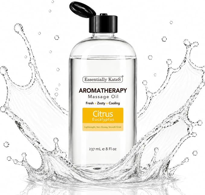 Aromatherapy Massage Oil – Citrus & Eucalyptus with Fractionated Coconut Oil, Lightweight Non-Greasy, Very Long-Lasting Glide and Excellent Slip, 100% Natural, 8 FL Oz