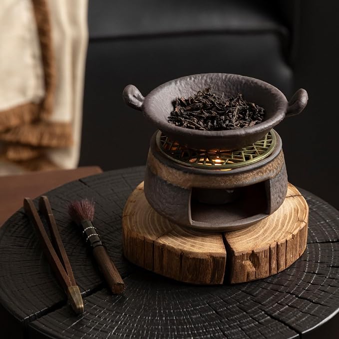 Cedar Aromatherapy Burner & Ceramic Oil Warmer for Home & Office (Heat-Resistant Double-Handled Baking Tray + Stone-Patterned Oven + Old elm Wood mat + Accessories)