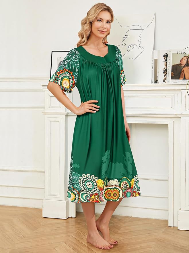House Dresses for Women with Pockets Moo Moo Nightgown Short Sleeve Mumu Dress Lounge Dress S-3XL