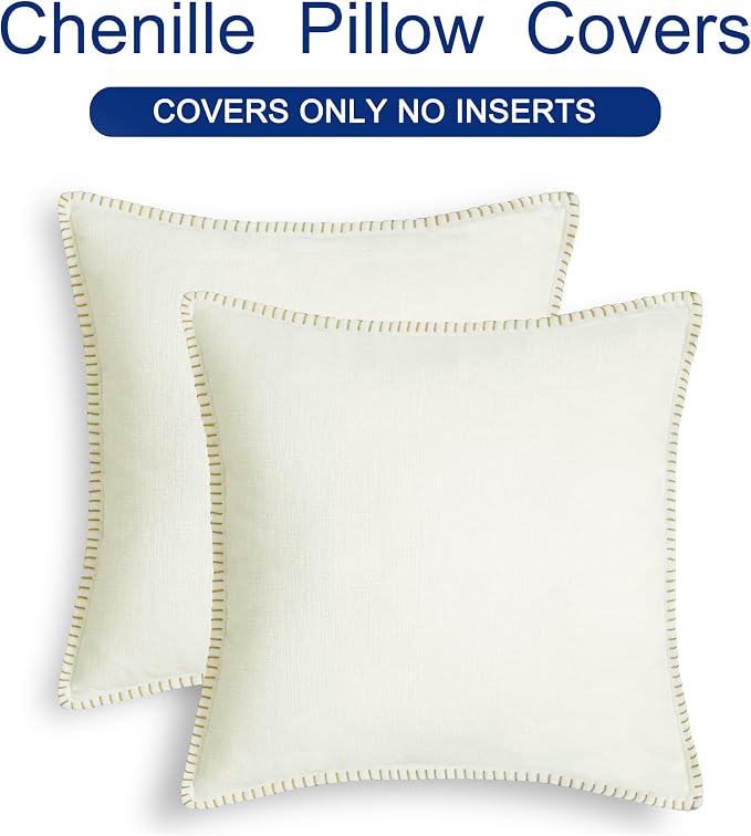 CaliTime Decorative Couch Throw Pillow Covers 26 X 26 Inches Cream | Pack of 2, Cozy Chenille Cushion Cases, Cotton Thread Stitching Edges, for Sofa Bed Living Room Farmhouse