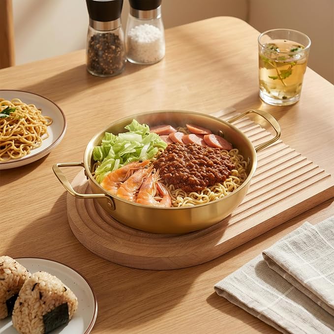 3 Pack Korean Ramen Noodle Pot with Handles, Korean Ramen Pot for Stove, Stainless Steel Everyday Pan, Golden Soup Pots, Golden Koreans Cooking Pots for Soup, Noodle, Pasta, 7.2", 8.4", 9.2"