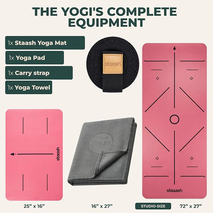 STAASH Premium Yoga Set – PU & Natural Rubber Mat + Towel + Strap + Knee Pad – Non-Slip Grip, Eco-Friendly, Studio Quality