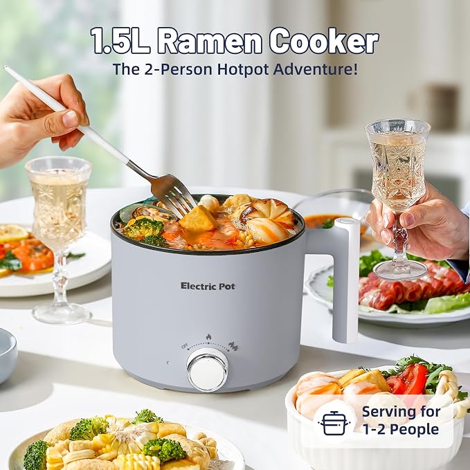 Electric Hot Pot 1.5L Nonstick Ramen Cooker for One-Person | Dual Power Setting for Hot Pot, Pasta/Soup/Oatmeal/Egg, Portable for Dorm/Travel, Overheat & Boil-Dry Protection (Grey, 1.5L)