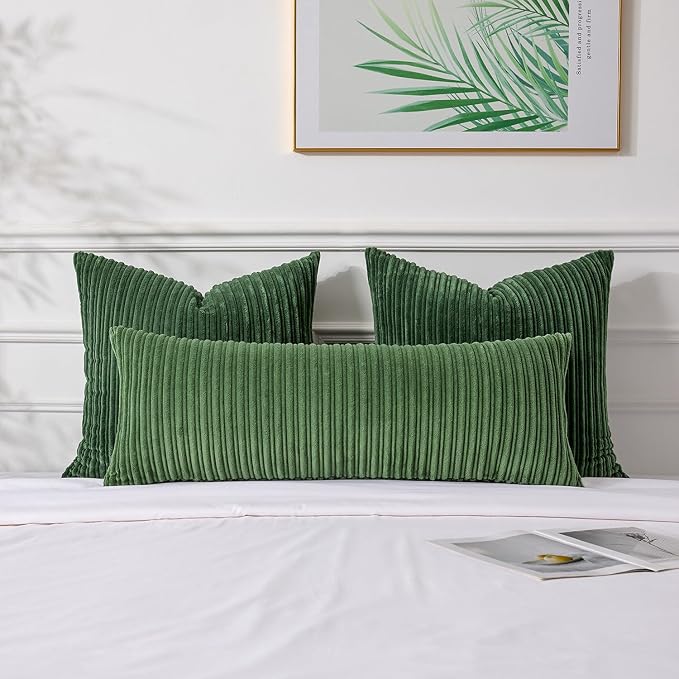 UGASA 14x36 Inch Pillow Cover Pack of 1 Soft Boho Stripe Corduroy Large Long Rectangular Lumbar Cushion Cover Farmhouse Decorative Throw Pillowcase for Bed Couch Sofa Bedroom Living Room, Moss Green