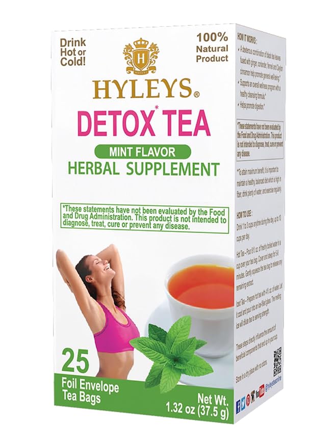 Hyleys Detox Tea for Cleanse - Green Tea with Mint, Ginger & Fennel - Supports Digestion & Detox - 25 Tea Bags (1 Pack)