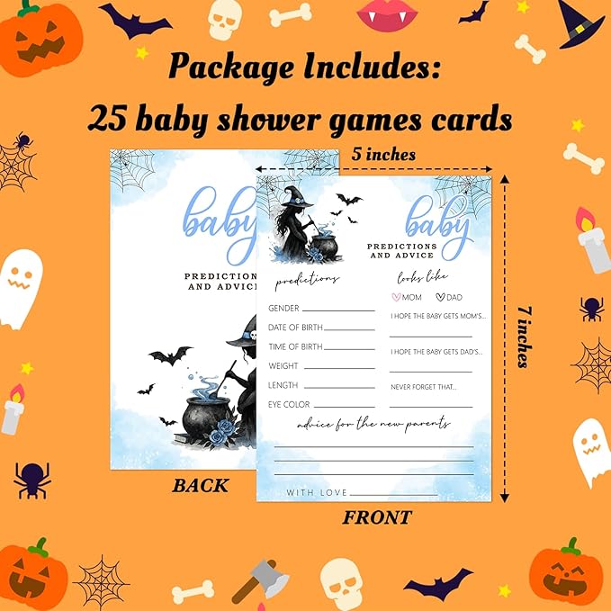 Hilarious Baby Shower Games, 25 Sets Halloween Baby Predictions, Blue Witch Gender Reveal Game Cards for Party Announcement Supplies - B02
