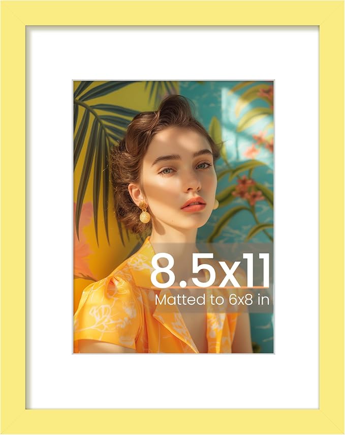 upsimples 8.5 By 11 Picture Frame, Display Pictures 6x8 with Mat or 8.5 x 11 Without, Wall Hanging Photo Frames, Yellow, 1 Pack