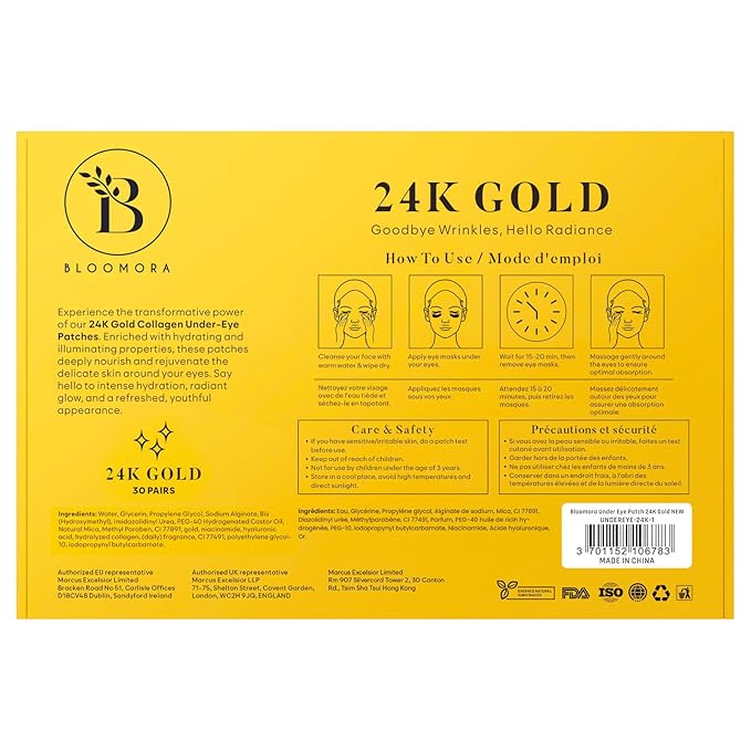 BLOOMORA 24K Gold Under Eye Patches (30 Pairs) - For Dark Circles & Puffiness - Hydrating Eye Mask for a Revitalized Look