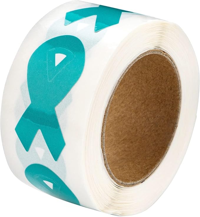 Small Teal Ribbon Shaped Awareness Stickers for Ovarian Cancer, Rape, Sexual Assault, Agoraphobia, Anxiety Disorder, Fragile X Awareness - 2 Rolls