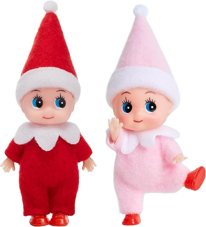 JOYIN 2PCS Christmas Elf Plush Doll, Red and Pink Tiny Soft Plush Elf Doll Accessories for Christmas Holiday Decorations, Dress-Up Party.