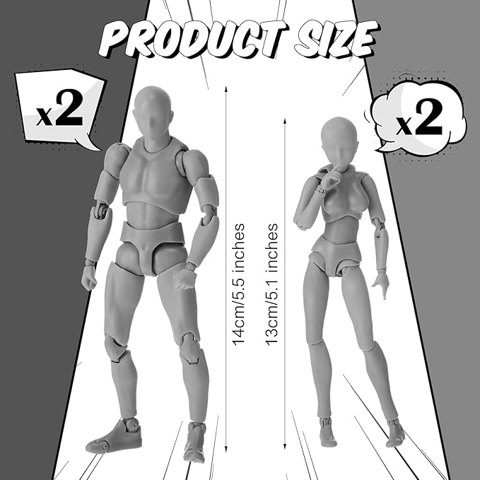 Meooeck 4 Sets Action Figures PVC Body Artists Model posable Drawing Mannequin for Painting, Sketching, Collection Gifts, Home Office Desk Decoration(Gray)