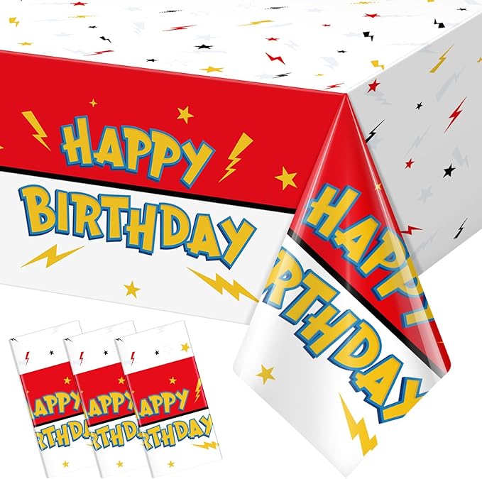 3 Pack Red White Birthday Tablecloth Party Decorations, Lightning Bolts Plastic Table Cloth, Disposable Cartoon Table Cover for Kids Birthday Baby Shower Party Supplies Decorations, 54” x 108”