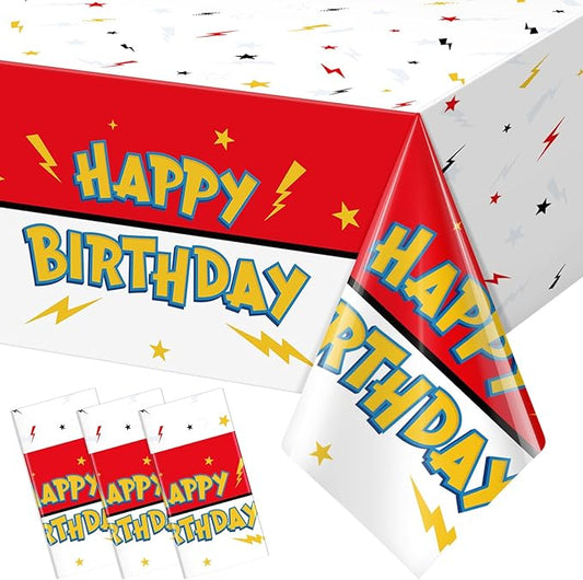 3 Pack Red White Birthday Tablecloth Party Decorations, Lightning Bolts Plastic Table Cloth, Disposable Cartoon Table Cover for Kids Birthday Baby Shower Party Supplies Decorations, 54” x 108”