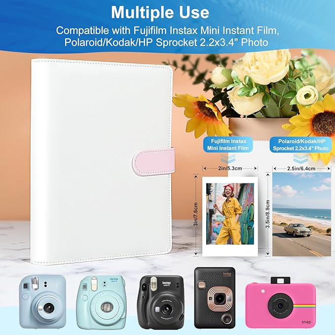 Refillable PU Leather Album A5 Photocard Binder with Adjustable Page,200 Pockets,Compatible with Fujifilm Instax Mini 12 11 9 40 99 90 8 7 Evo LiPlay,Polaroid Snap PIC-300 Z2300 Instant Cameras (Pink)