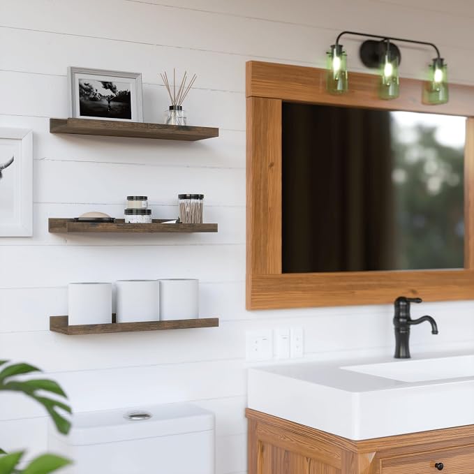 RICHER HOUSE 8 Set Floating Wall Mounted Shelves, Nursery Hanging Book Shelves with Lip for Storage, Display Picture Ledge Shelf for Bedroom Bathroom Kitchen Living Room Wall Decor, Rustic Brown | Display Picture Ledge Shelf, Anti-drop lip Shelf for Ro...