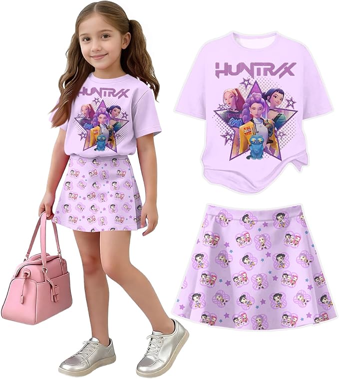 HTHLVMD K Pop Short Sleeve T-Shirt and Skirts Outfits Set for Girls Hunters Rumi Mira Zoey Graphic Tees De-Mon Costume