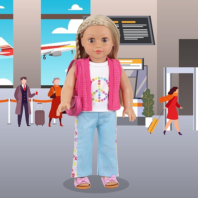 Ecore Fun American 18 Inch Doll Clothes and Accessories, 8 Pcs 18 Inch Doll Girl Clothes Set Include Sweater Vest, White Vest, Jeans, Sandals, Shoulder Bag, Mobile Phone, Sticker, Sunglasses