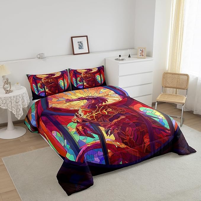 Feelyou Dragon Comforter Set King Size Dragon Stuff Comforter for Boys Girls Teens Wild Life Bedding Set Dragon Decor Duvet Set Room Decor Dark Orange Quilt Set