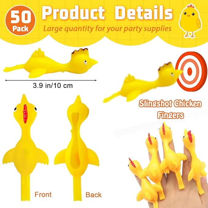 50 Pack Finger Slingshot Chicken Rubber,Flick Stretchable Chicken Toys,Flying Stretchy Chicken Fingers for Birthday Party Favor,Halloween,School Thanksgiving Activity(Yellow),Target NOT Included