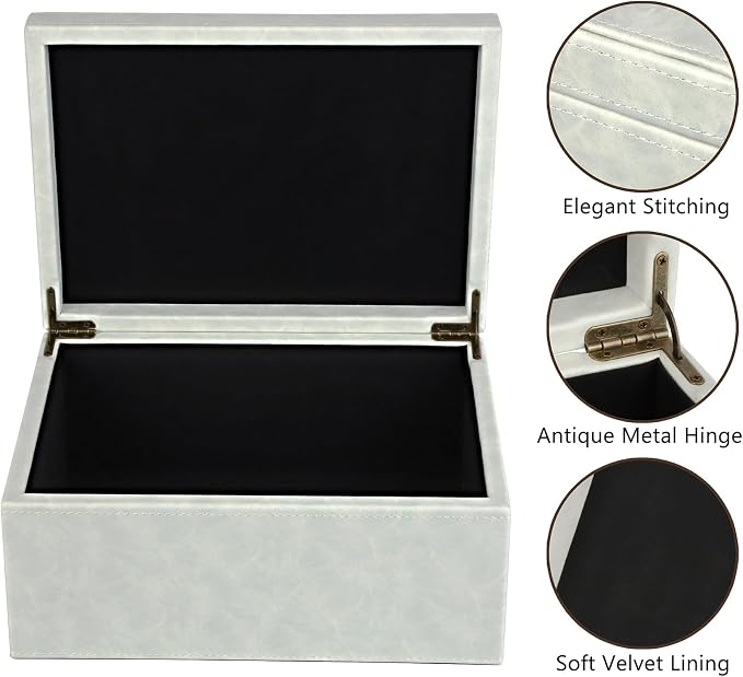 HofferRuffer Faux Leather Decorative Box, Large Wooden Structure Keepsake Box Accessory Organizer Jewelry Organizer with Hinged Lid, Storage Container for Home or Office (Cream White)