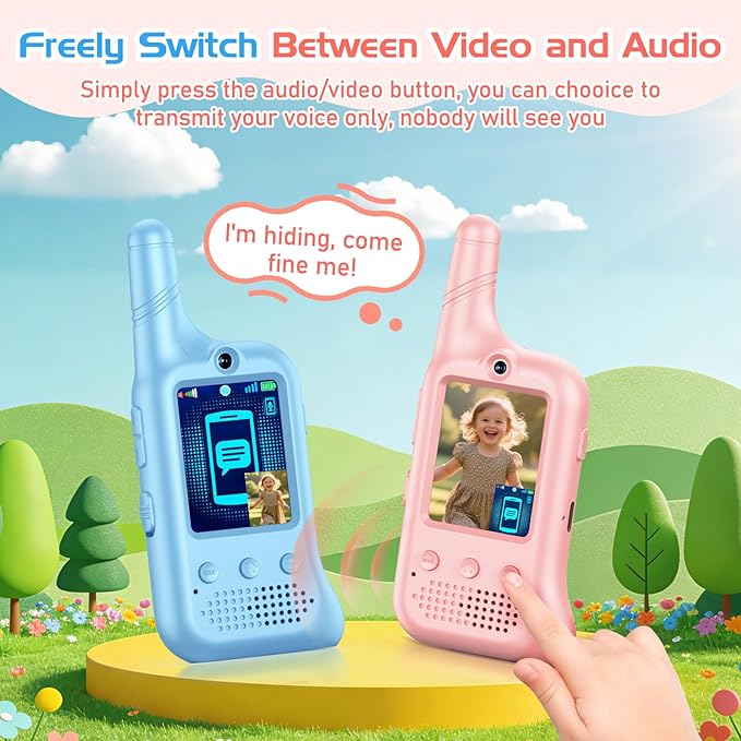 2 Pack Video Walkie Talkies for Kids, Rechargeable Kids Walkie Talkies with HD Camera & Voice Changer Long Range Video Intercom Toys Boys Girls Birthday Gifts for Family Games Outside Camping Hiking