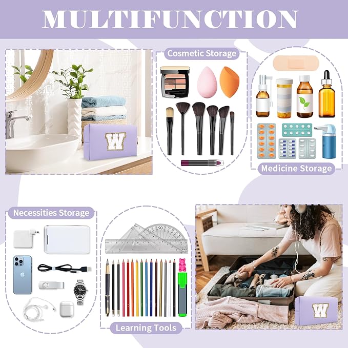 Personalized Makeup Bag Initial A-Z Preppy Patch Bag,Small PU Leather Travel Cosmetic Bag Pouch with Zipper,Purple Cute Toiletry Bag,Gift Ideal for Teen Girls Women Birthday Friend Mom,Latter W