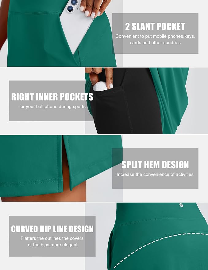 PINSPARK 20" Skorts for Woman Knee Length UPF 50+ Golf Skirts | 4 Pockets, Built-in Shorts, High Waisted, Split Hem, Silky-smooth, Moisture-wicking, for Golf Athletic Tennis Workout Casual