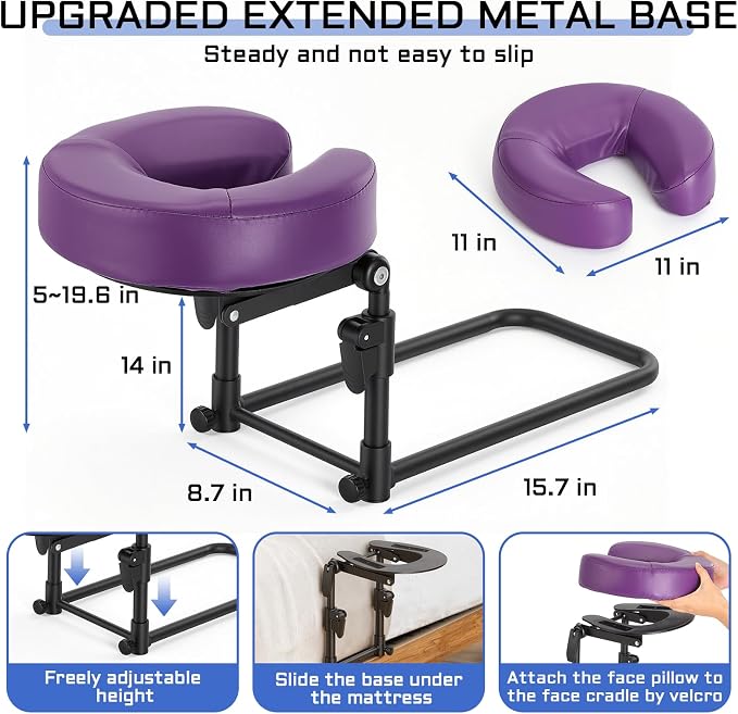 Massage headrest for Bed with Storage Bag Mattress Top Massage Kit | Adjustable Massage Face Cradle at Home for Massage SPA Foldable & Portable Face Down Pillow After Eye Surgery (Purple)