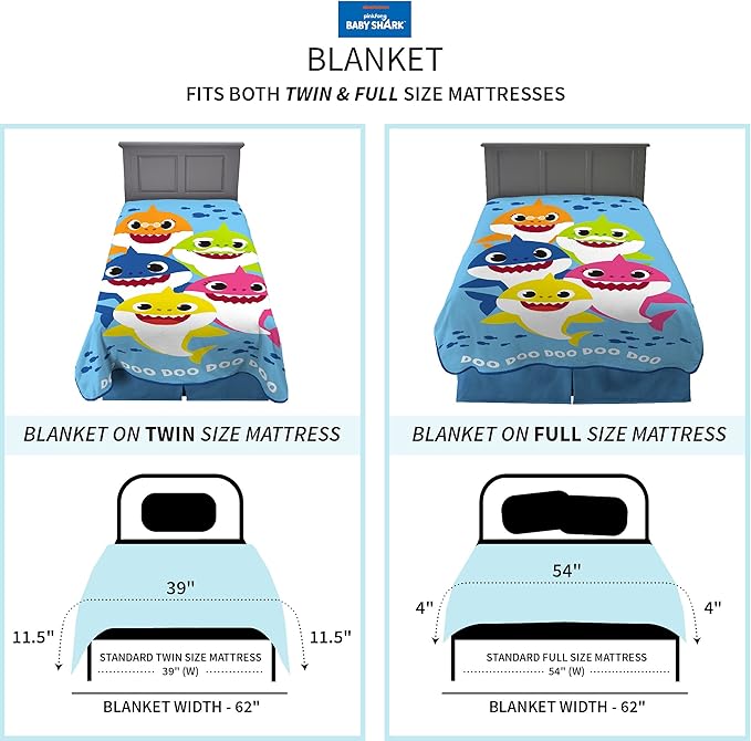 Franco Kids Bedding Super Soft Plush Micro Raschel Blanket, 62 in x 90 in, Baby Shark