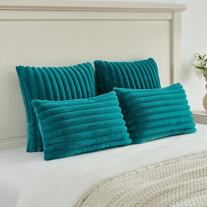 FUTEI Pack of 2 Faux Fur Throw Pillow Covers 22x22 Inch, Teal | Fluffy Faux Rabbit Fur Front/Premium Velvet Back,Hidden Zipper,Machine Washable,Non-Shedding,Colorfast,Insert Not Included.