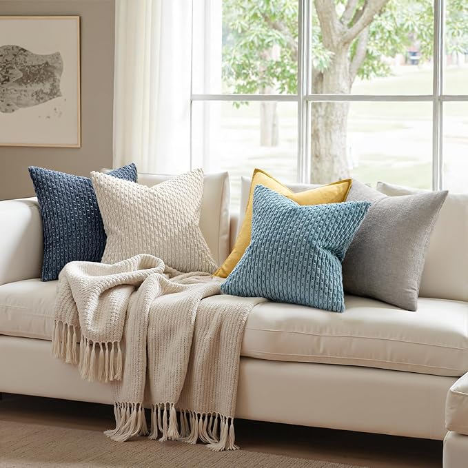 MIULEE Lumbar Decorative Throw Pillow Covers 12x20 Blue Textured Corduroy | Striped Pack of 2 Striped Pillow Covers Modern Farmhouse Coastal Home Decor for Couch Bed Sofa Living Room