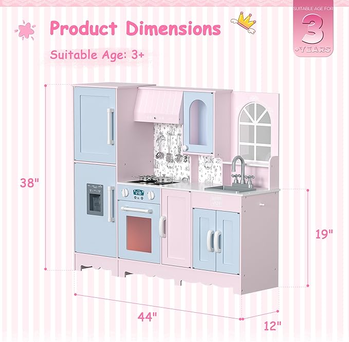 BRINJOY Play Kitchen for Kids, Wooden Kids Kitchen Playset w/Faucet, Sink, Stove, Oven, Window, Cookware, Storage Cabinets, Toddler Role Play Kitchen Pretend Play Toy Set Gift for Girls Boys Ages 3+