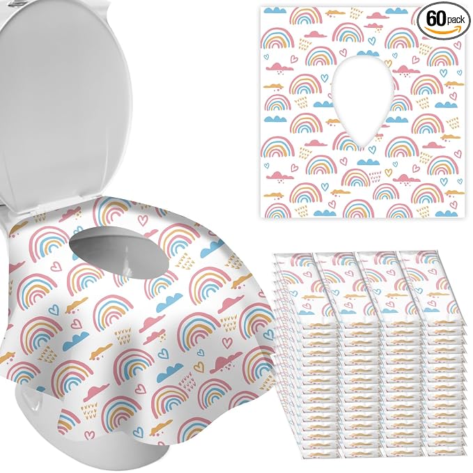 DEEKI 60 Pack Toilet Seat Covers Disposable, Safe No-Slip Waterproof for Kids Toddlers Use in Potty Training Public Restrooms Toilets, Portable Clean Covers for Adults Travel -Rainbow (60 Count)