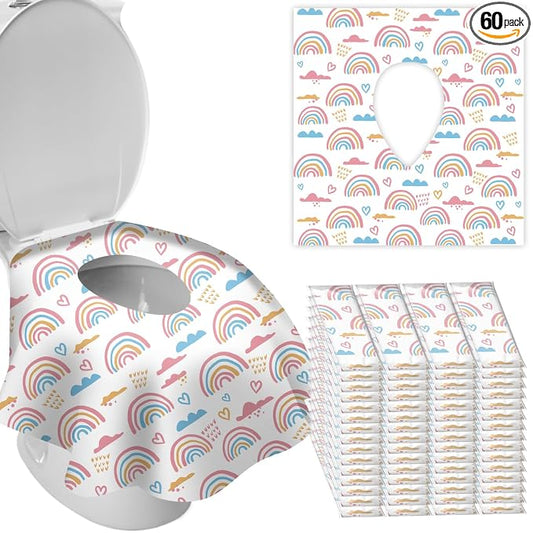 DEEKI 60 Pack Toilet Seat Covers Disposable, Safe No-Slip Waterproof for Kids Toddlers Use in Potty Training Public Restrooms Toilets, Portable Clean Covers for Adults Travel -Rainbow (60 Count)