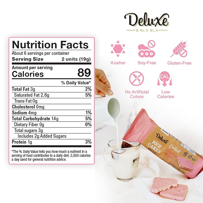 Deluxe & Bla Bla Thin and Crispy Strawberry Yogurt Chocolate Rice Cakes, Kosher Certified Dairy, Gluten Free, Nuts Free Snack Pack Of 3 (Pack of 3, Strawberry Yogurt)