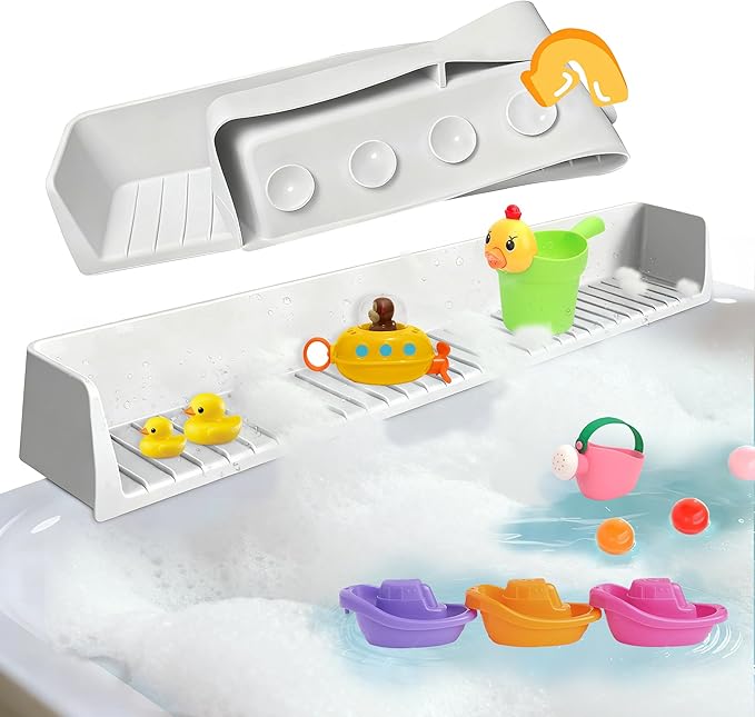 2Pack Bathtub Splash Guard for Kids Adultt - 31IN Silicone Bath Tray for Tub with 11 Suction Cups, Bath Tub Play Shelf for Kids & Toy Holder, Bathtub Accessories Prevent Water Spill in Bathroom, Gray