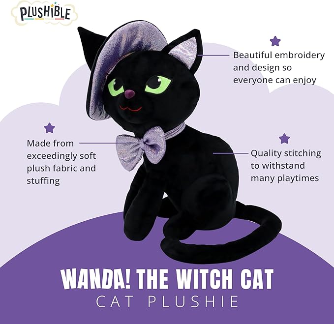Wanda The Witch Cat - Stuffed Animal | Halloween Decorations & Fall Décor | Surface Washable & Safe Materials | Stuffed Cat for Home Decor - Witch Wanda, 8 Inch