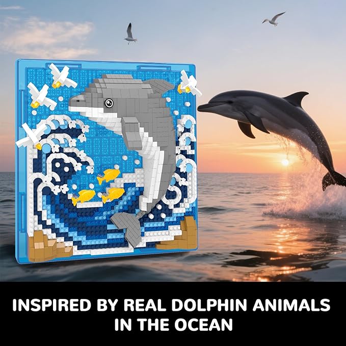 Dolphin Animal 3D Wall Art Micro Mini Building Blocks Set, Unique Home Wall Decor or Table Display, No Compatible with Lego Set, Ideal Gift Toy for Adults Boys Girls (1113 PCS)