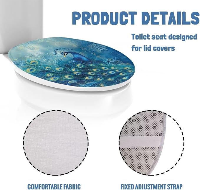 Peacock Toilet Seat Cover for Bathroom Animal Peacock Toilet Seat Pads Dust Cover Reusable Replacement Fabric Elastic Universal Fit Elongated Oval Round Lid,Easy to Clean