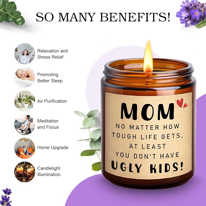 KOTKAS Lavender Candle Gifts for Mom Birthday - Funny Mothers Day Candles for Mom from Son Daughter - Eucalyptus Lavender Scented Soy Candles Non Toxic for Home - at Least You Dont Have Ugly Children