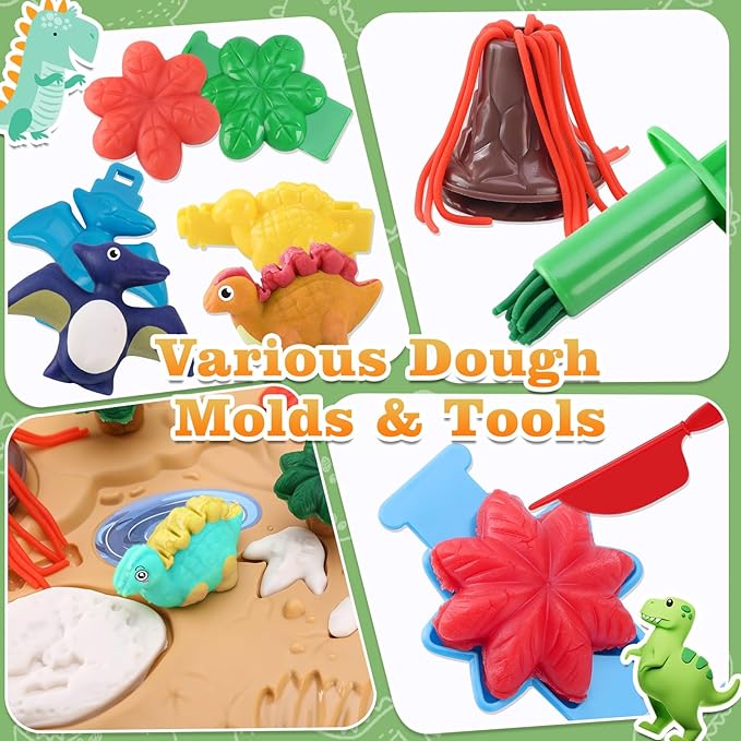 Crelloci Dinosaur Color Dough Toys, 37 PCS Dino Theme Color Tools and Molds Accessories for Boys Girls Christmas Halloween Party Gift