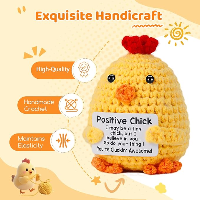 Positive Crochet Chicken, Handmade Emotional Support Animals Plush Cute Stuff, Funny Inspirational Friendship Stress Relief Birthday Graduation Gifts for Women Teens Girls Coworkers Friends