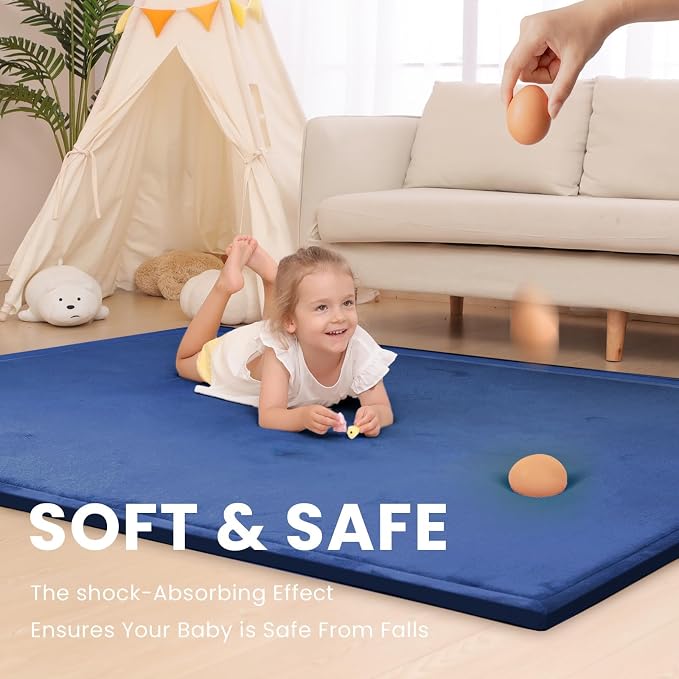 Large 79"x110" Baby Activity Play Mat for Floor,1.3" Thick Elasti Foam Cushion Mat for Tummy Time & Crawling,Non-Slip&Safe for Infants,Toddlers & Kids, for Living Room,Classroom & Playroom（Dark Blue)