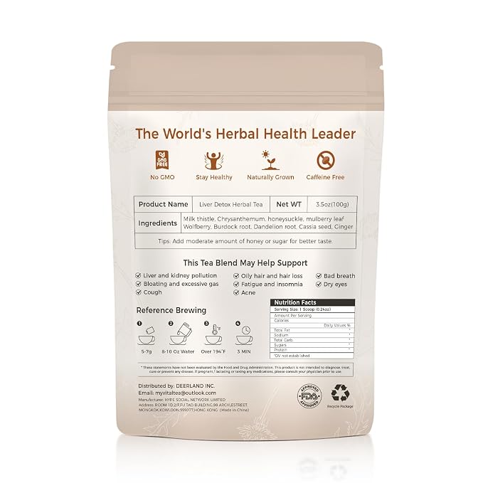 Liver Detox Herbal Tea, Liver Cleanse Detox Tea Blend with Milk Thistle, Dandelion Root, Chrysanthemum Natural Ingredients Herbal Tea, Vegan Caffeine-Free (1 Pack/15 Bags)