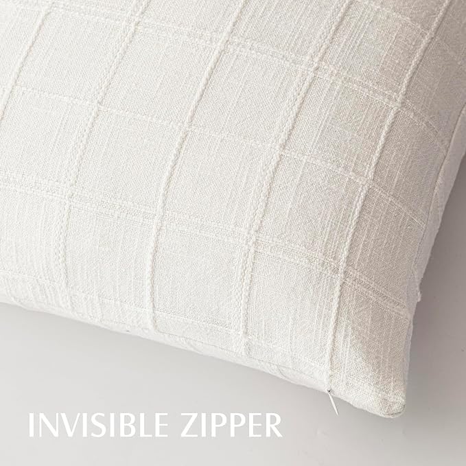 Foindtower Set of 2 Decorative Linen Check Throw Pillow Covers Neutral Farmhouse Vintage Cushion Covers Modern Boho Home Decor for Sofa Chair Couch Bedroom Living Room,18×18 Inch,Cream White